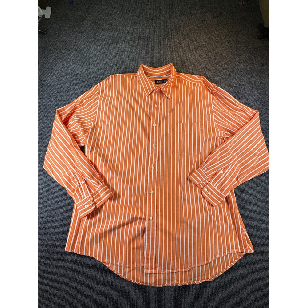 GH Bass Men XL Orange White Striped Riverwash Poplin Button Down Long‎ Sleeve